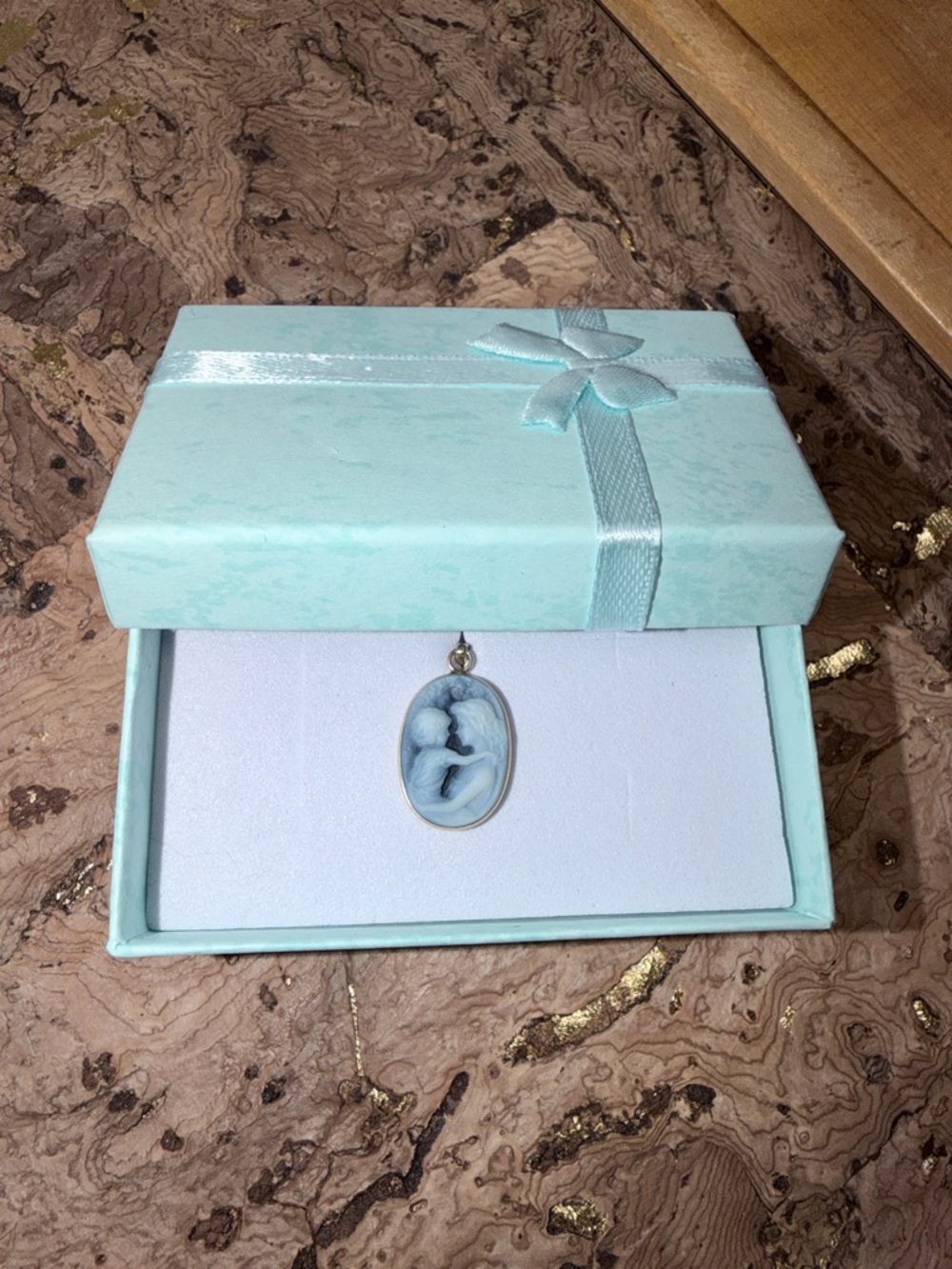 14k Gold Vintage Blue Agate Cameo Pendant “Help my child grow wise and well”  💝